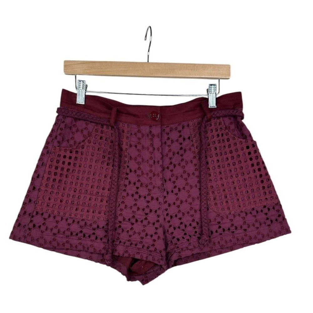 Pinko Women's Burgundy Eyelet Lace High-Rise Belted Shorts Size 2